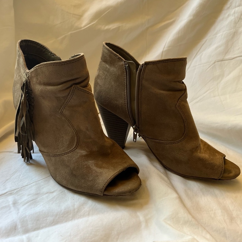 GUC Leather Fringe Open Toe Ankle Boots